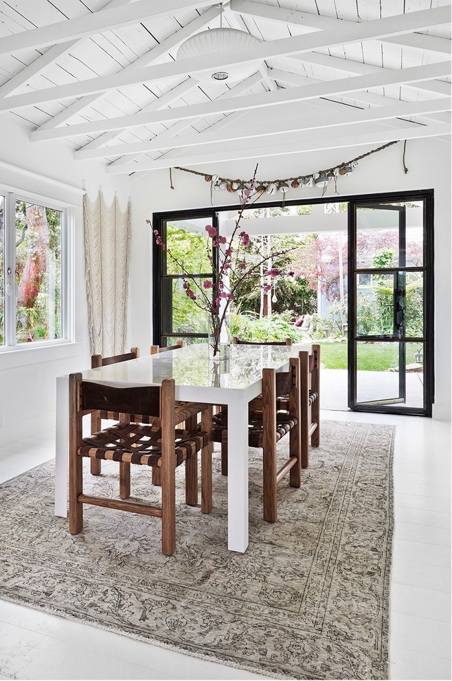 Design ideas for a beach style dining room in Los Angeles with white walls, painted wood floors and no fireplace.