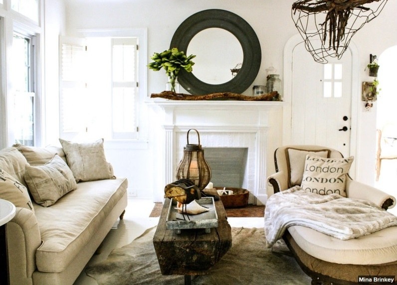 Mid-sized cottage formal and open concept painted wood floor living room photo in Tampa with white walls, a standard fireplace, a brick fireplace and no tv