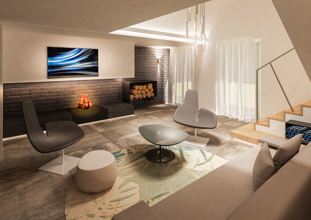 This is an example of a mid-sized modern living room in Florence with white walls, porcelain floors, a hanging fireplace, a brick fireplace surround, a wall-mounted tv and grey floor.