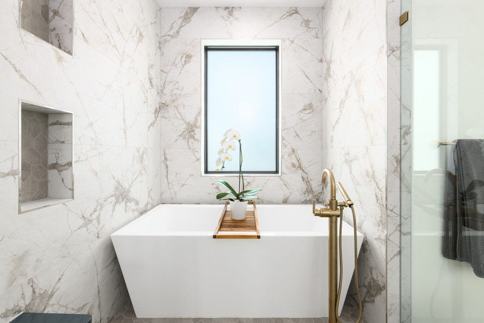 Freestanding bathtub - large transitional master white tile and porcelain tile porcelain tile, white floor and double-sink freestanding bathtub idea in Jacksonville with shaker cabinets, medium tone wood cabinets, a one-piece toilet, white walls, an undermount sink, quartz countertops, a hinged shower door, gray countertops and a built-in vanity