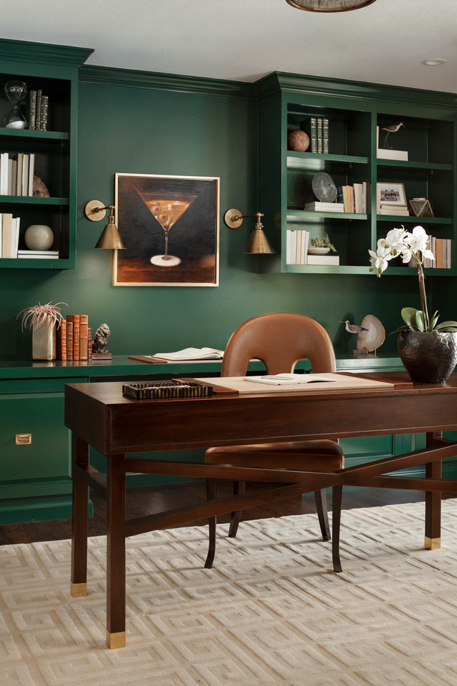 Inspiration for a contemporary home office in San Francisco with green walls and a freestanding desk.