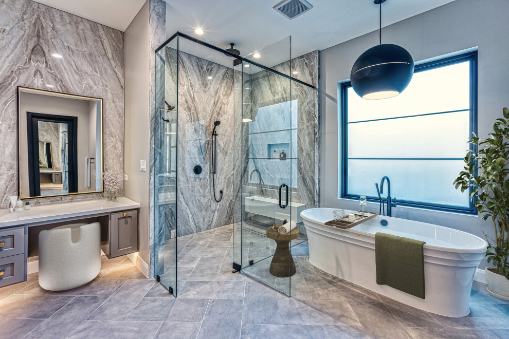 Glass Enclosed Walk-In Shower & Freestanding Bathtub Primary Bathroom | French C