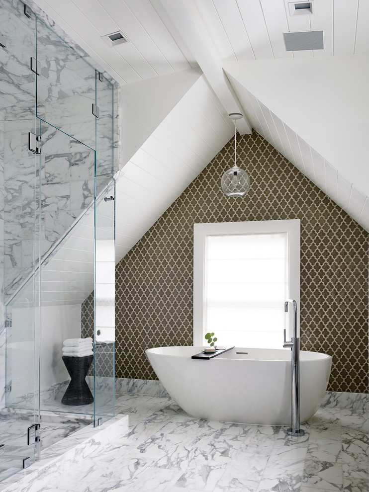 Photo of a transitional master bathroom in Los Angeles with a freestanding tub, multi-coloured tile and multi-coloured walls.