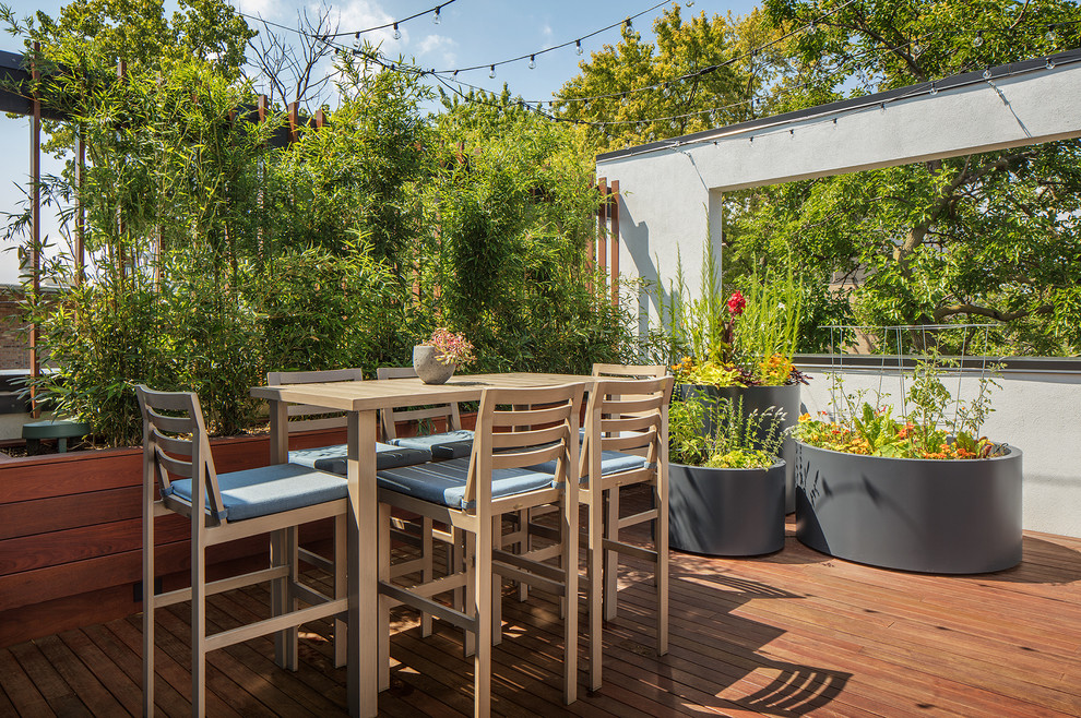 This is an example of a midcentury deck in Chicago with a container garden and no cover.