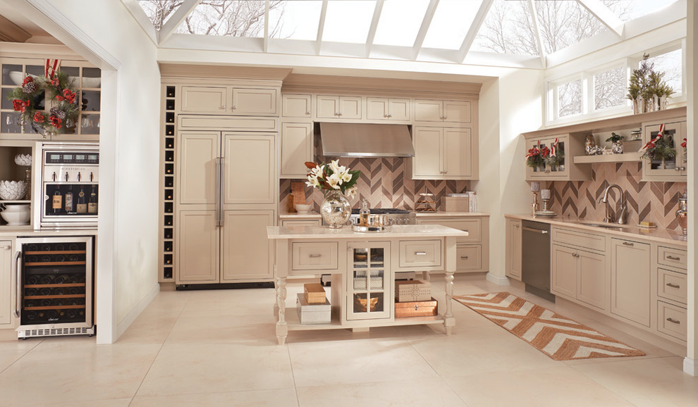 Inspiration for an expansive transitional l-shaped eat-in kitchen in Other with an undermount sink, recessed-panel cabinets, white cabinets, beige splashback, panelled appliances, with island, porcelain splashback, porcelain floors and beige floor.