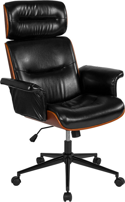 Contemporary Black Leather High Back Walnut Wood Executive Swivel