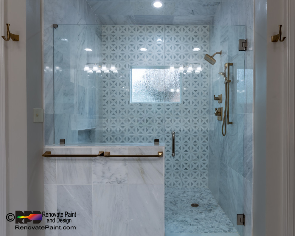 Design ideas for a large contemporary bathroom in Austin with grey cabinets, a built-in shower, grey tiles, marble tiles, beige walls, marble flooring, a submerged sink, engineered stone worktops, grey floors, a hinged door, white worktops, a shower bench and double sinks.