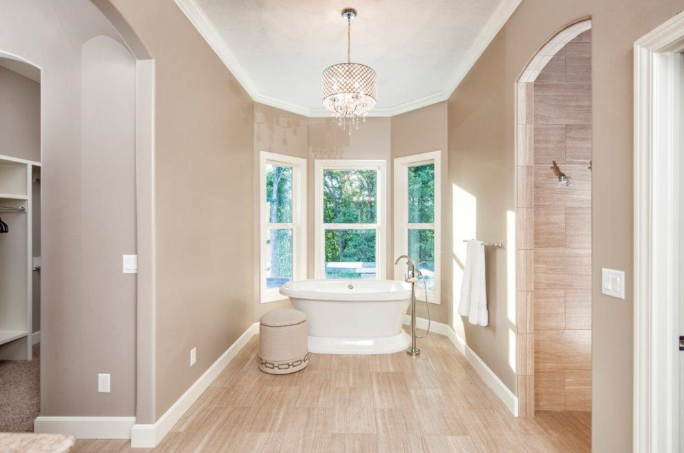 Freestanding bathtub - large transitional porcelain tile and brown floor freestanding bathtub idea with brown walls