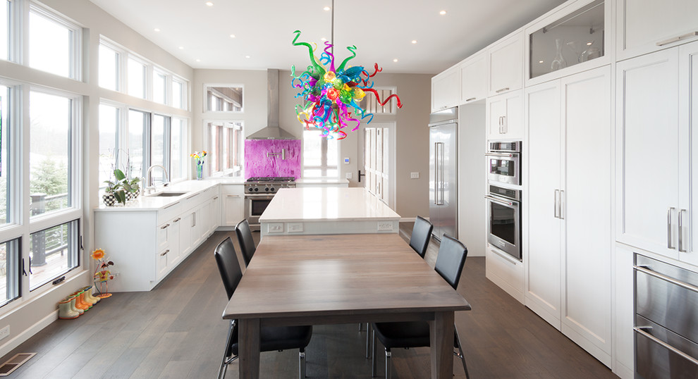 Transitional dark wood floor kitchen photo in Cleveland with recessed-panel cabinets, white cabinets, quartz countertops and stainless steel appliances