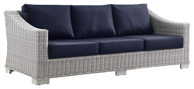 Conway Outdoor Patio Wicker Rattan Sofa, Light Gray/Navy