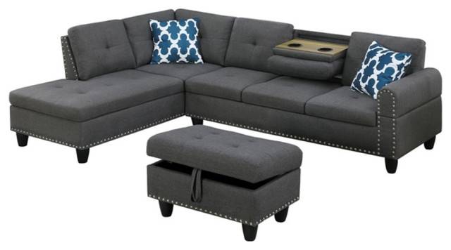 Devion Furniture Polyester Fabric Sectional Sofa with Ottoman-Gray