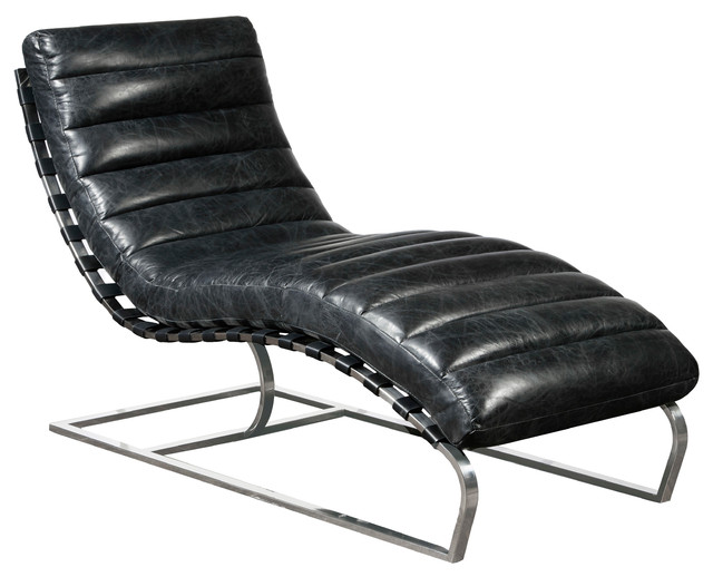 Channeled Black Leather Chaise With Metal Base Contemporary Indoor