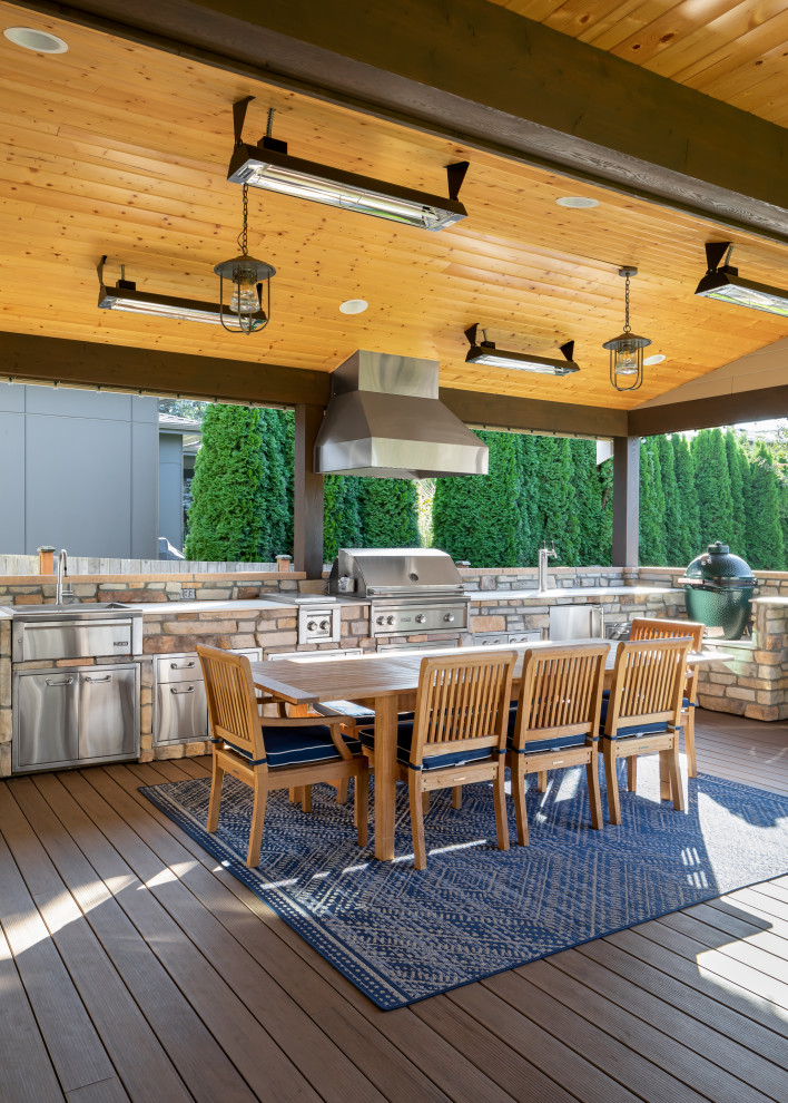 Photo of a large traditional back ground level metal railing terrace in Seattle with a bbq area.
