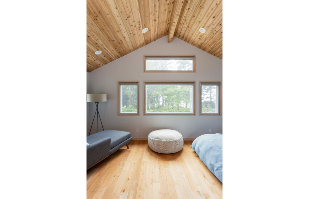 Diseño de dormitorio principal y abovedado actual grande con paredes blancas y suelo de madera clara