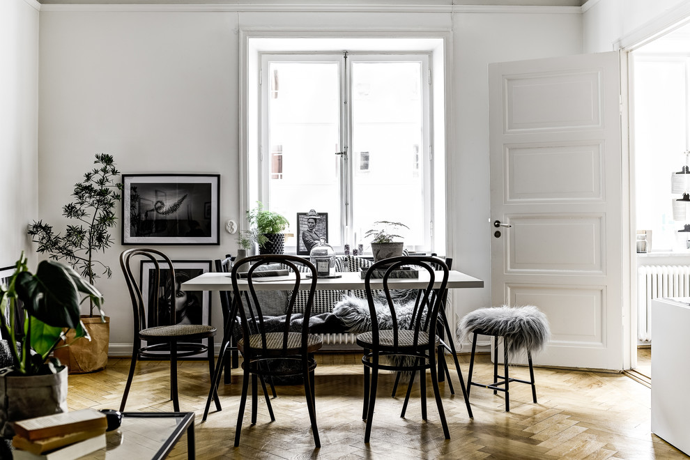 Mid-sized scandinavian separate dining room in Stockholm with white walls, light hardwood floors and no fireplace.