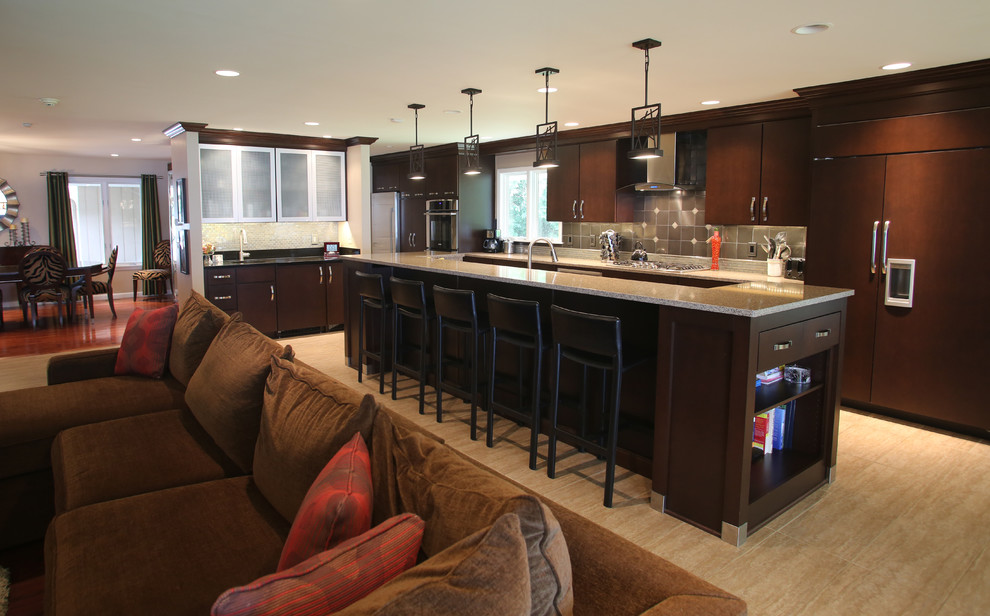 Open concept kitchen - large transitional galley ceramic tile open concept kitchen idea in Chicago with an undermount sink, flat-panel cabinets, dark wood cabinets, quartz countertops, gray backsplash, stainless steel appliances, metal backsplash and an island