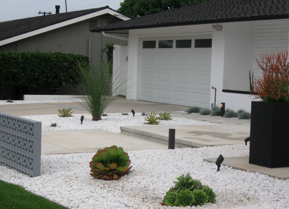 This is an example of a mid-sized mid-century modern drought-tolerant and full sun front yard landscaping in Orange County.
