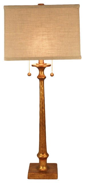 Bronson Resin Candlestick Table Lamp, Aged Gold With Square Shade and Twin Pulls
