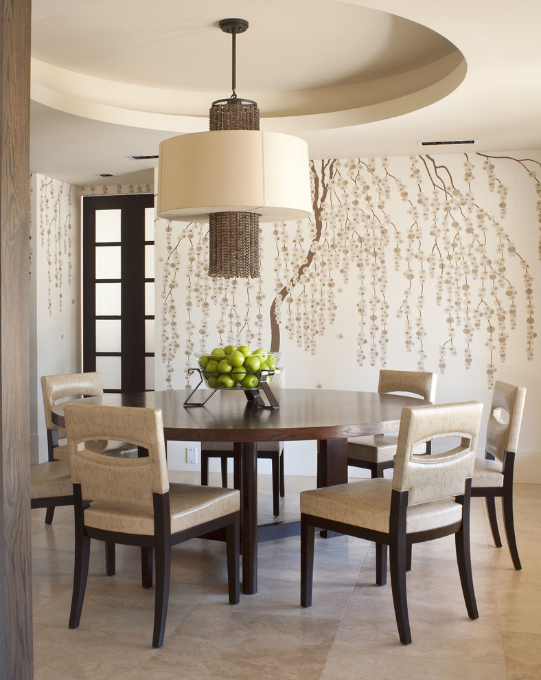 Inspiration for a contemporary dining room in Denver with multi-coloured walls.