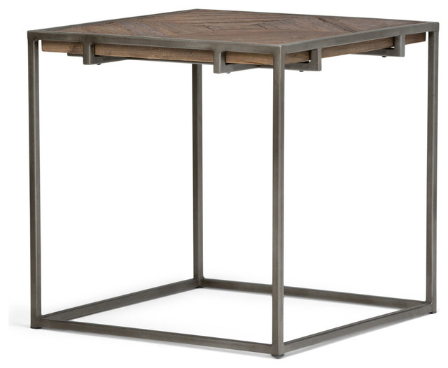 Avery Industrial End Table With Distressed Java Brown Wood Inlay Tabletop