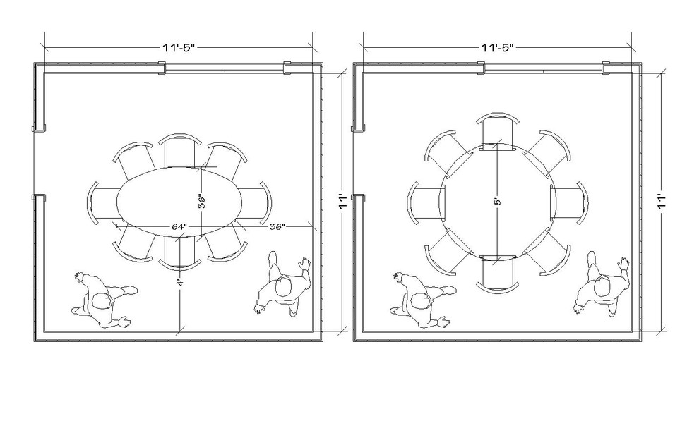 What size dining tables work well in a 12x12 dining room? Round, recta