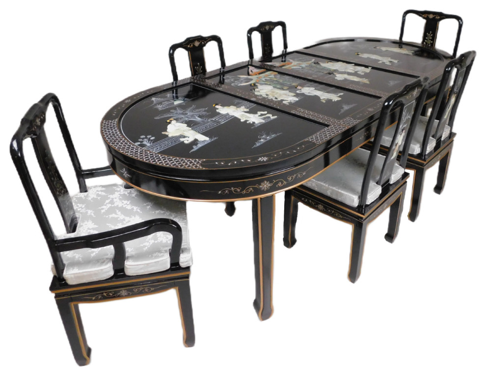Black Lacquered With Mother Of Pearl Oriental Dining Table Set Asian