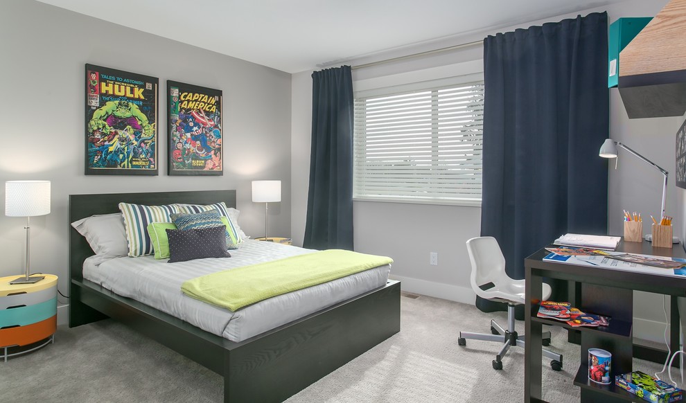 Contemporary Kids - Trendy boy carpeted teen room photo in Vancouver with gray walls