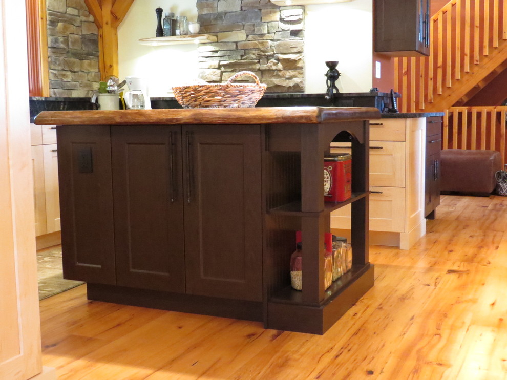 Large mountain style u-shaped light wood floor eat-in kitchen photo in Toronto with shaker cabinets, granite countertops, stone tile backsplash, an island, an undermount sink, light wood cabinets, gray backsplash and stainless steel appliances