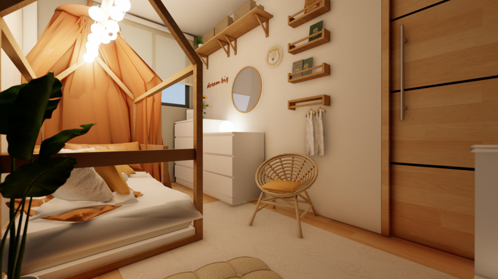 Inspiration för ett litet medelhavsstil barnrum kombinerat med sovrum, med beige väggar och mellanmörkt trägolv