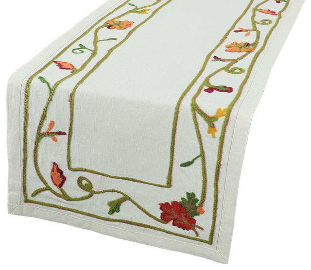 Harvest Vine Crewel Embroidered Fall Table Runner, 15''x54