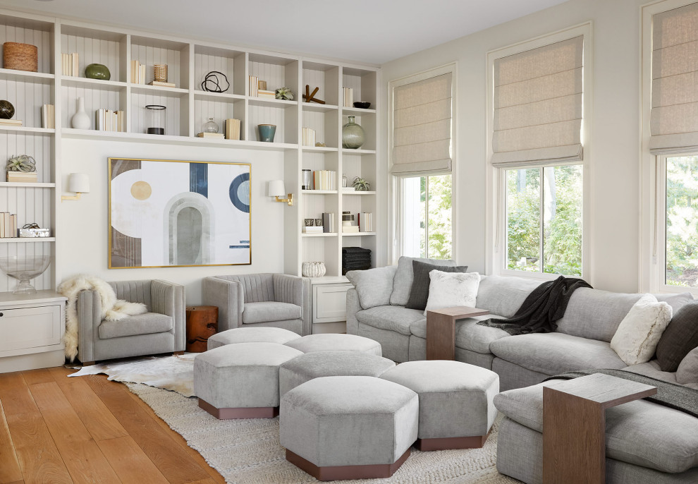 Lakehouse Lux - Living room - coastal light wood floor living room idea in Chicago with white walls