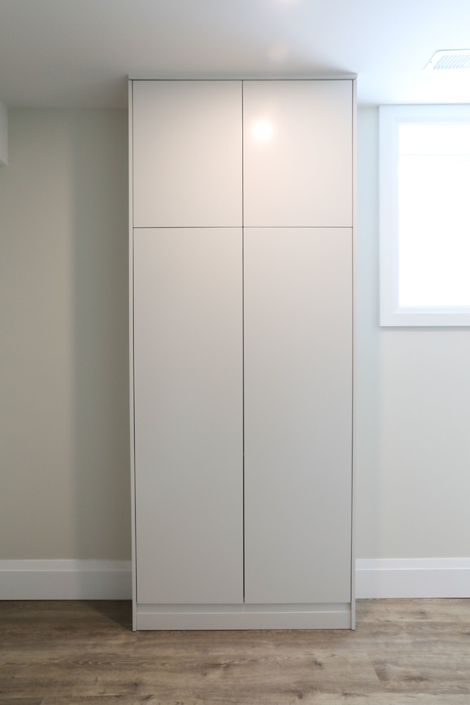 Inspiration for a large transitional look-out vinyl floor and brown floor basement remodel with white walls