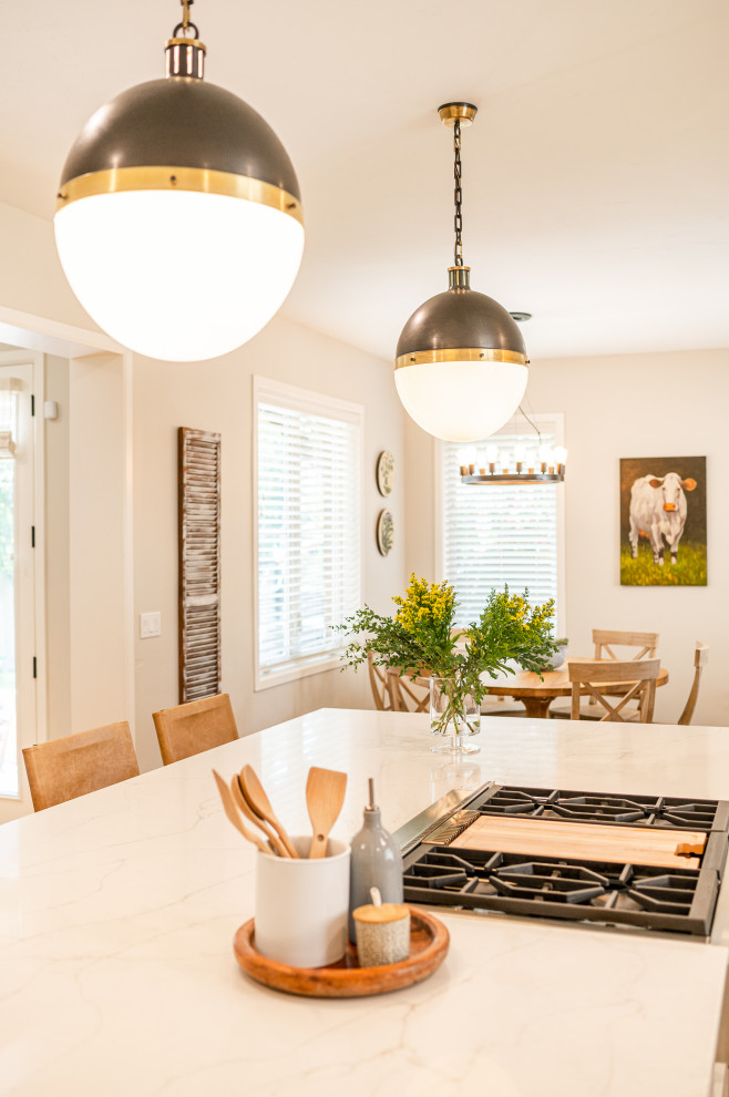 Example of a large transitional l-shaped dark wood floor and brown floor open concept kitchen design in Denver with a farmhouse sink, shaker cabinets, beige cabinets, quartz countertops, beige backsplash, ceramic backsplash, stainless steel appliances, an island and white countertops