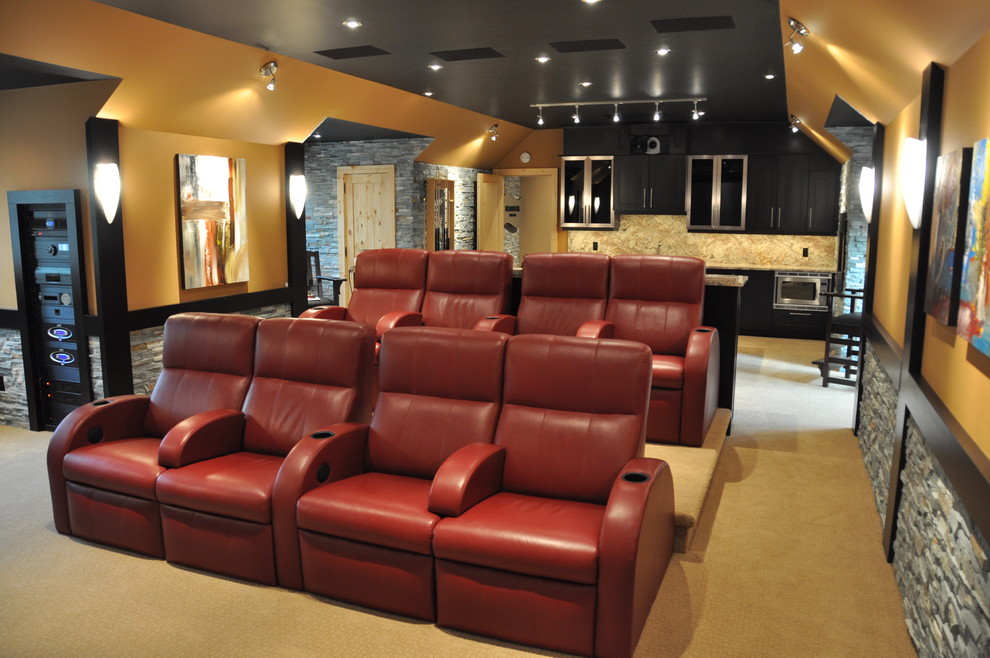 Inspiration for a contemporary home theatre in Toronto with yellow floor.