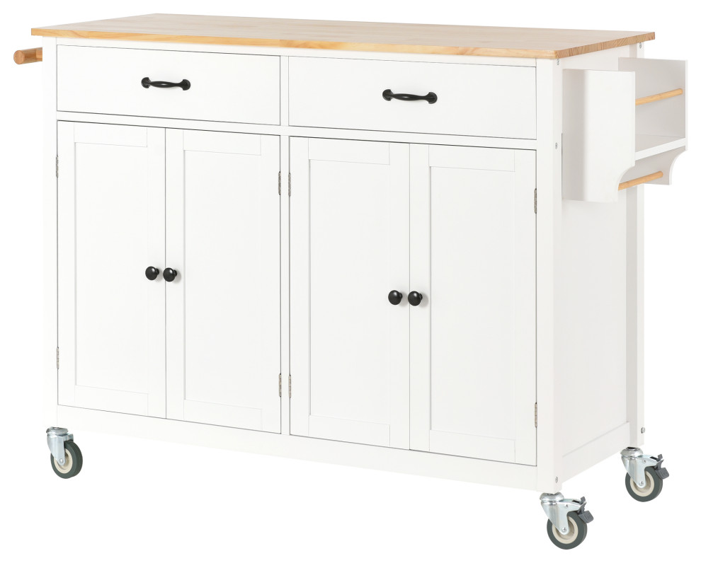 Gewnee Solid Wood Kitchen Island Cart with Locking Wheels in White Transitional Kitchen