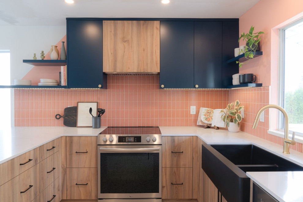 Example of a small transitional u-shaped terrazzo floor and white floor eat-in kitchen design in Vancouver with a farmhouse sink, flat-panel cabinets, light wood cabinets, quartz countertops, pink backsplash, porcelain backsplash, stainless steel appliances, an island and white countertops