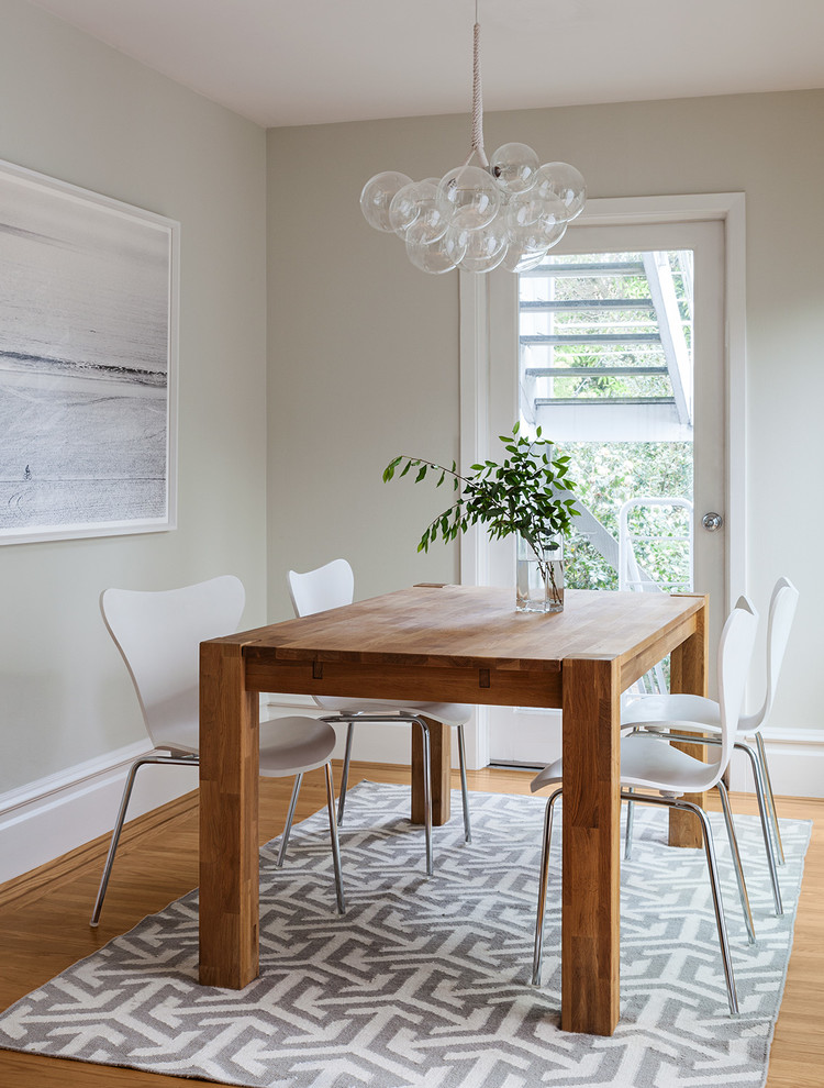 Transitional dining room in San Francisco with grey walls and medium hardwood floors.