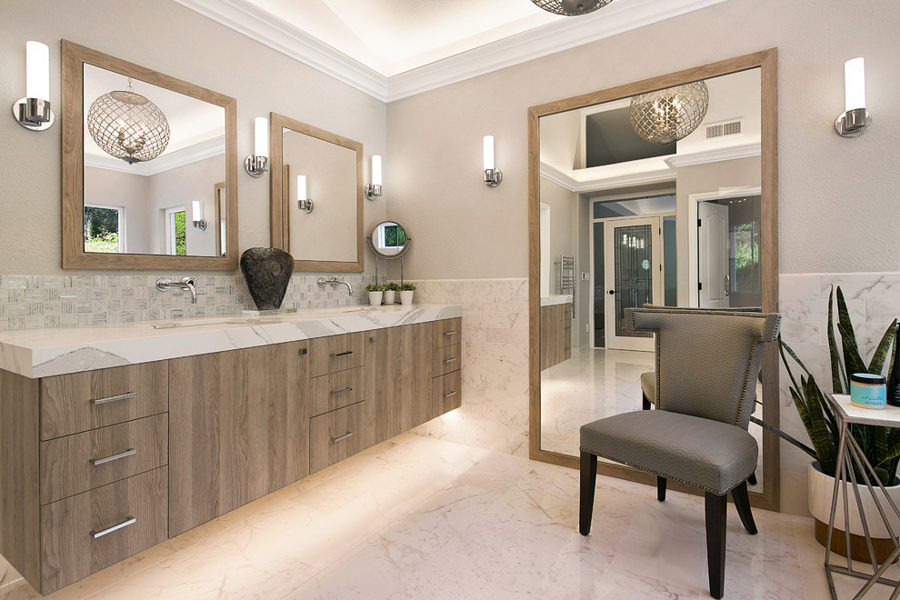 Photo of a large contemporary master bathroom in San Francisco with flat-panel cabinets, medium wood cabinets, white tile, marble, marble benchtops, white benchtops, grey walls, an undermount sink and white floor.