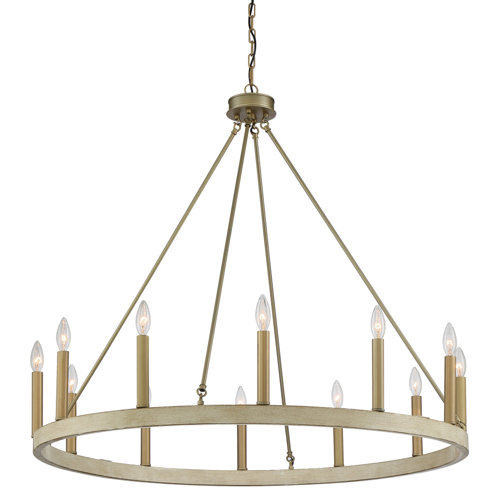 Farmhouse Vintage 12Light Wagon Wheel Chandelier, White Wood & Brass