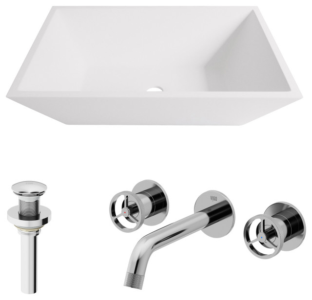 VIGO Vinca Matte Stone Vessel Bathroom Sink With Wall Mount Faucet