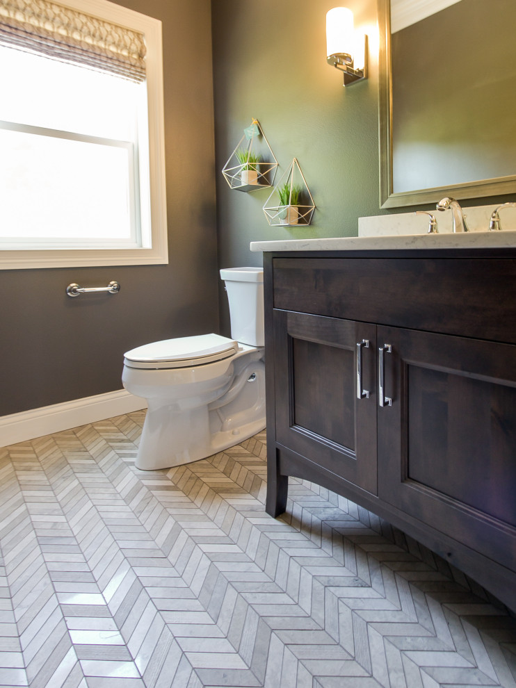 Transitional powder room in Other with recessed-panel cabinets, dark wood cabinets, mosaic tile floors, white floor and white benchtops.