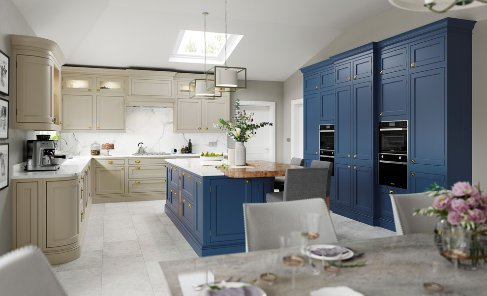 Photo of a transitional u-shaped eat-in kitchen in Other with shaker cabinets, blue cabinets, wood benchtops, white splashback, black appliances, with island, white floor and beige benchtop.