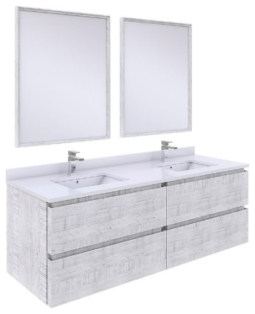 Formosa 60" Modern Rustic White Wall Hung Double Sink Vanity Set Farmhouse Bathroom Vanities