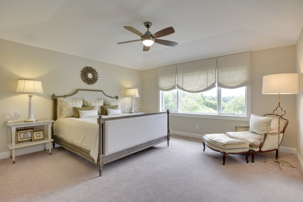 Design ideas for a country master bedroom in Minneapolis with carpet.