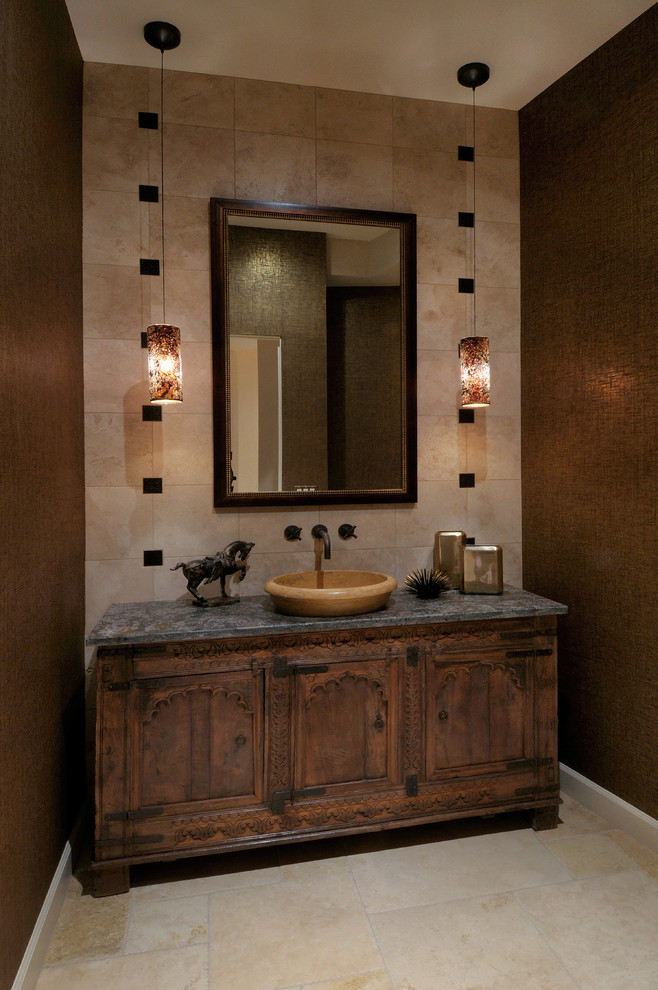 Design ideas for a transitional powder room in Phoenix with a vessel sink.