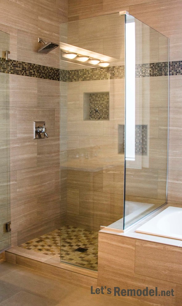 Inspiration for a mid-sized contemporary master bathroom in Portland with raised-panel cabinets, light wood cabinets, a drop-in tub, a corner shower, a one-piece toilet, beige tile, porcelain tile, beige walls, porcelain floors, an undermount sink and engineered quartz benchtops.