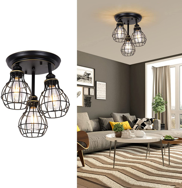 3-Light Rustic Semi Flush Mount Ceiling Light Industrial Black Wire ...