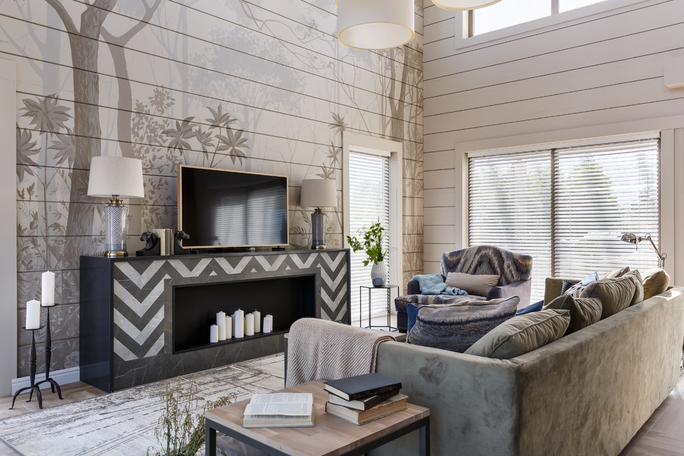 Inspiration for a mid-sized contemporary formal open concept living room in Saint Petersburg with grey walls, porcelain floors, a tile fireplace surround, a freestanding tv, beige floor and a ribbon fireplace.