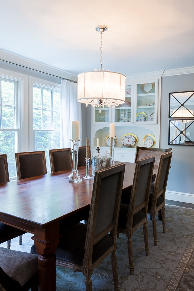 Inspiration for a mid-sized traditional separate dining room in Boston with grey walls, dark hardwood floors and no fireplace.