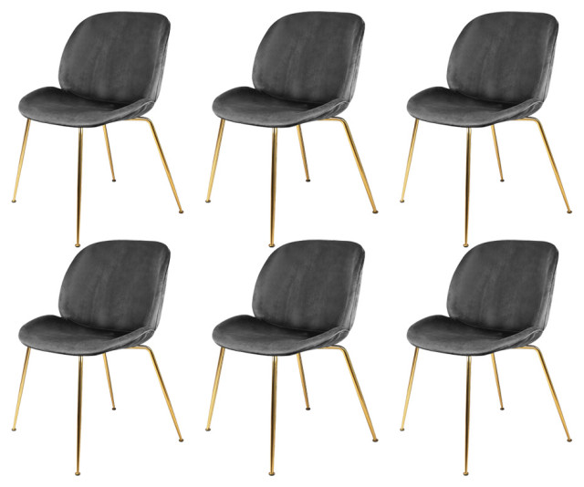 Dark Gray Velvet Shell Dining Chairs With Gold Legs, Set of 6